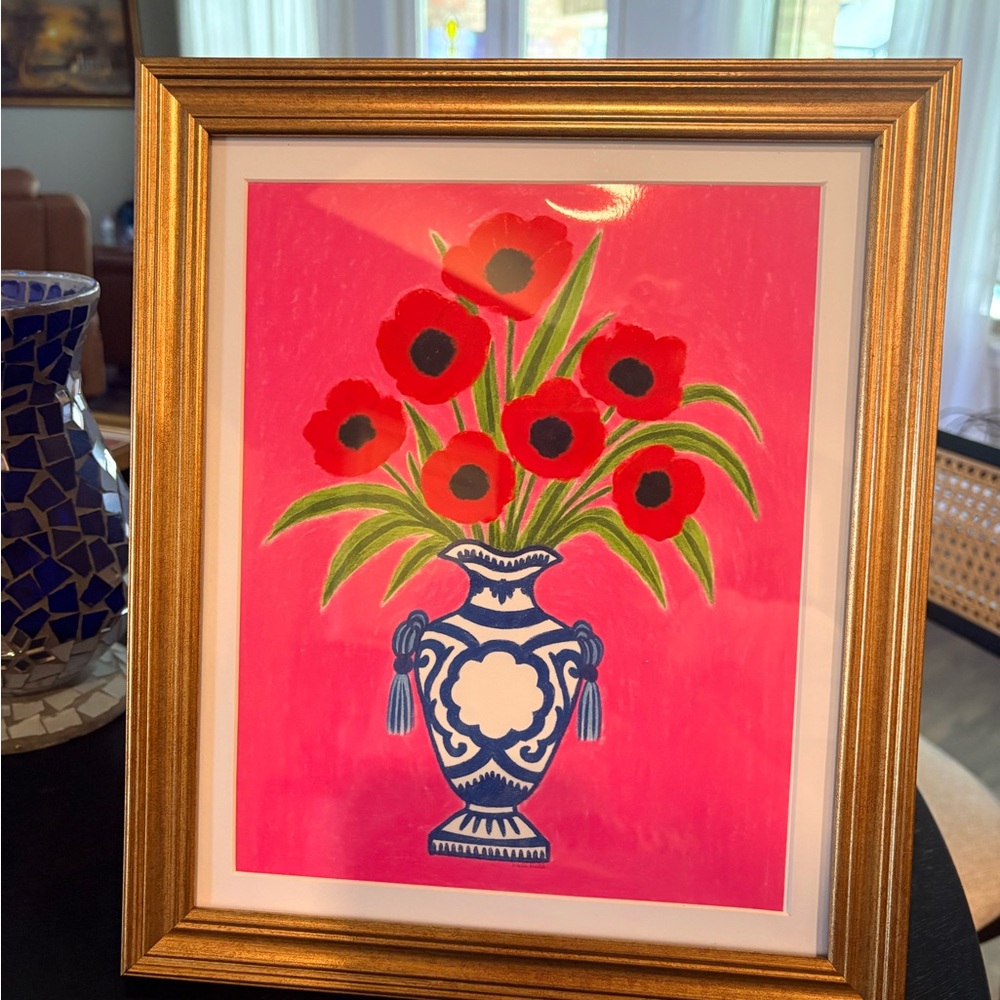 Chinoiserie Floral Framed Art | 8x10 Gold Frame Pink Decor